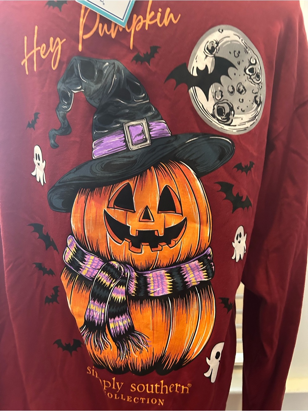 Simply Southern "Hey Pumpkin" Long Sleeve T-Shirt in a carmine maroon color - Picture 6 of 9